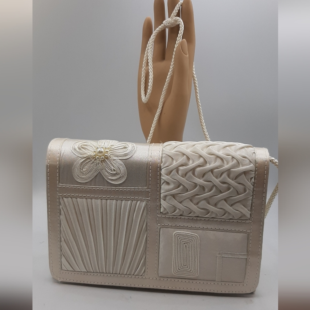 White and Cream Decorative Small Clutch Shoulder Bag Evening Wedding Party